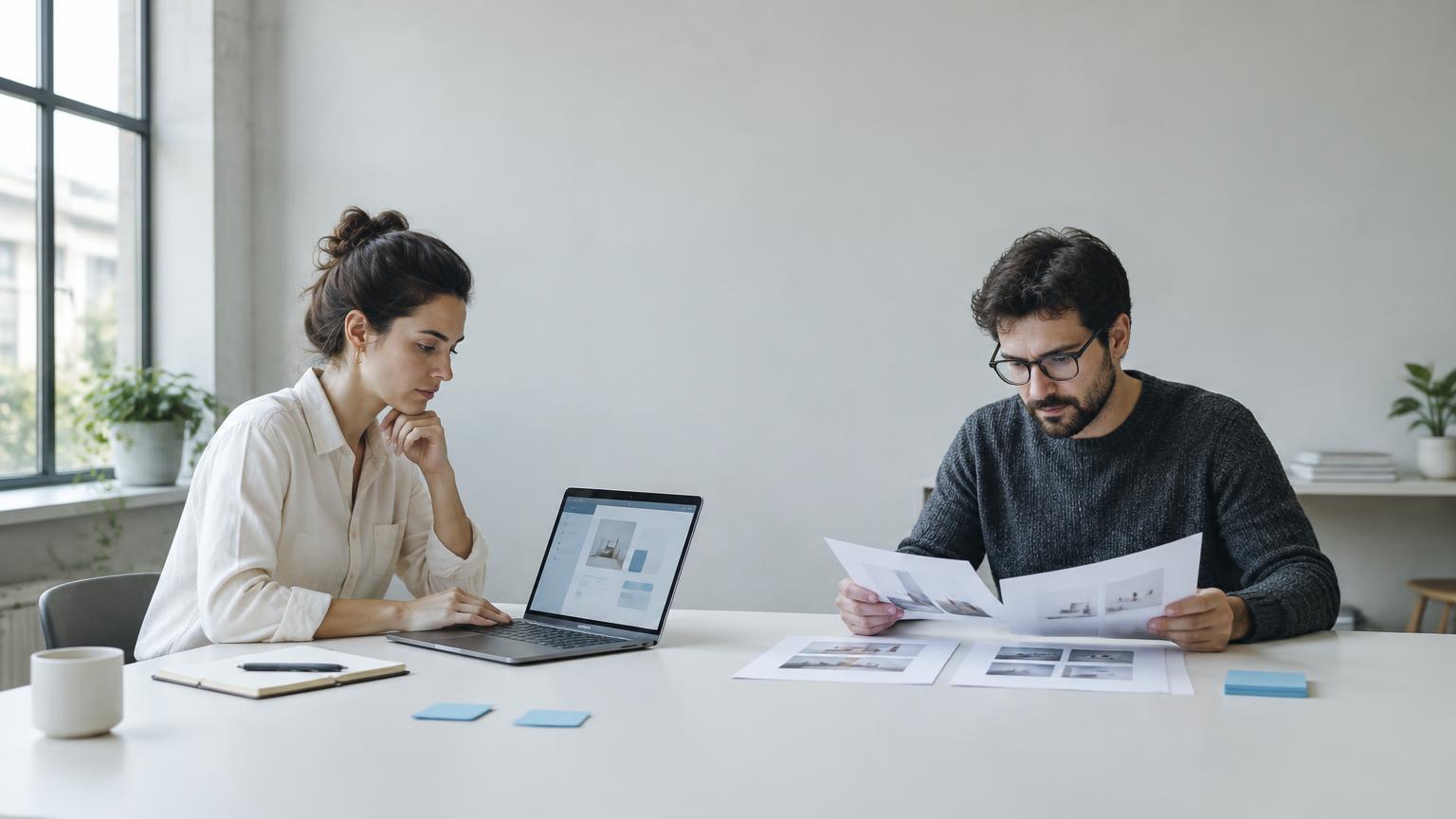 Two UX researchers reviewing a product interface and research evidence, with their faces unobscured